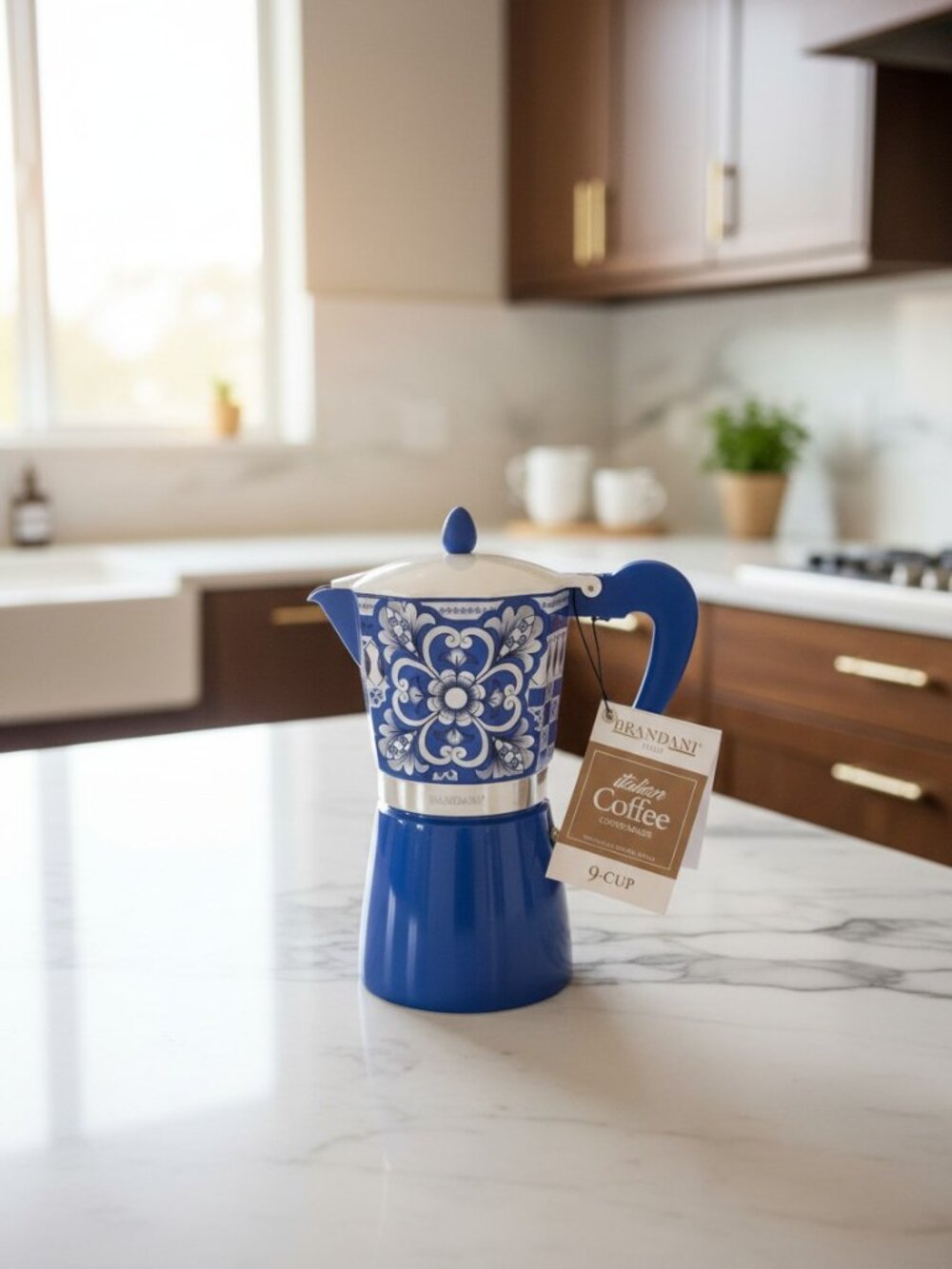 Brandani Italian Blue & White Coffee Maker Moka Pot Stovetop Aluminum 9 Cup NEW